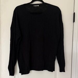 Eileen Fisher Black Crew neck Cotton Lightweight Oversize sweater side slit Sm